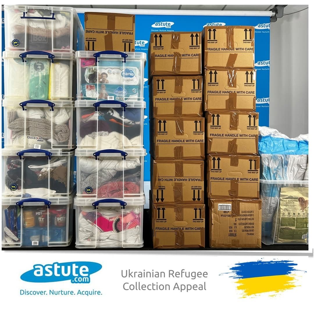 Boxes and crates of donated supplies collected by Astute for the Ukrainian Refugee Collection Appeal
